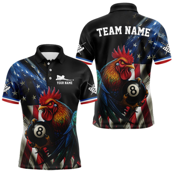 Maxcorners American Flag Rooster 8 Ball Men Billiard Polo & 1/4 Zip Custom Patriotic Team Billiard Jersey TU1011