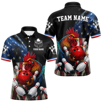 Maxcorners American Flag Rooster Bowling Jersey For Men Custom Patriotic Bowling Shirt Team Polo & 1/4 Zip