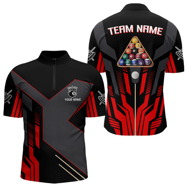 Maxcorners Personalized Red Black 8 Ball Pool Shirt For Men Custom Billiard League Team Jersey Polo & 1/4 Zip MT2306