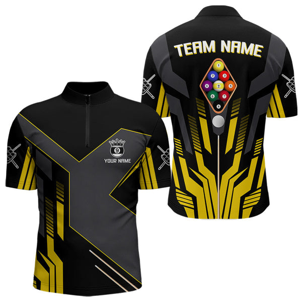 Maxcorners Personalized Yellow Black 9 Ball Pool Shirt For Men, Billiard League Team Jersey Polo & 1/4 Zip MT2306