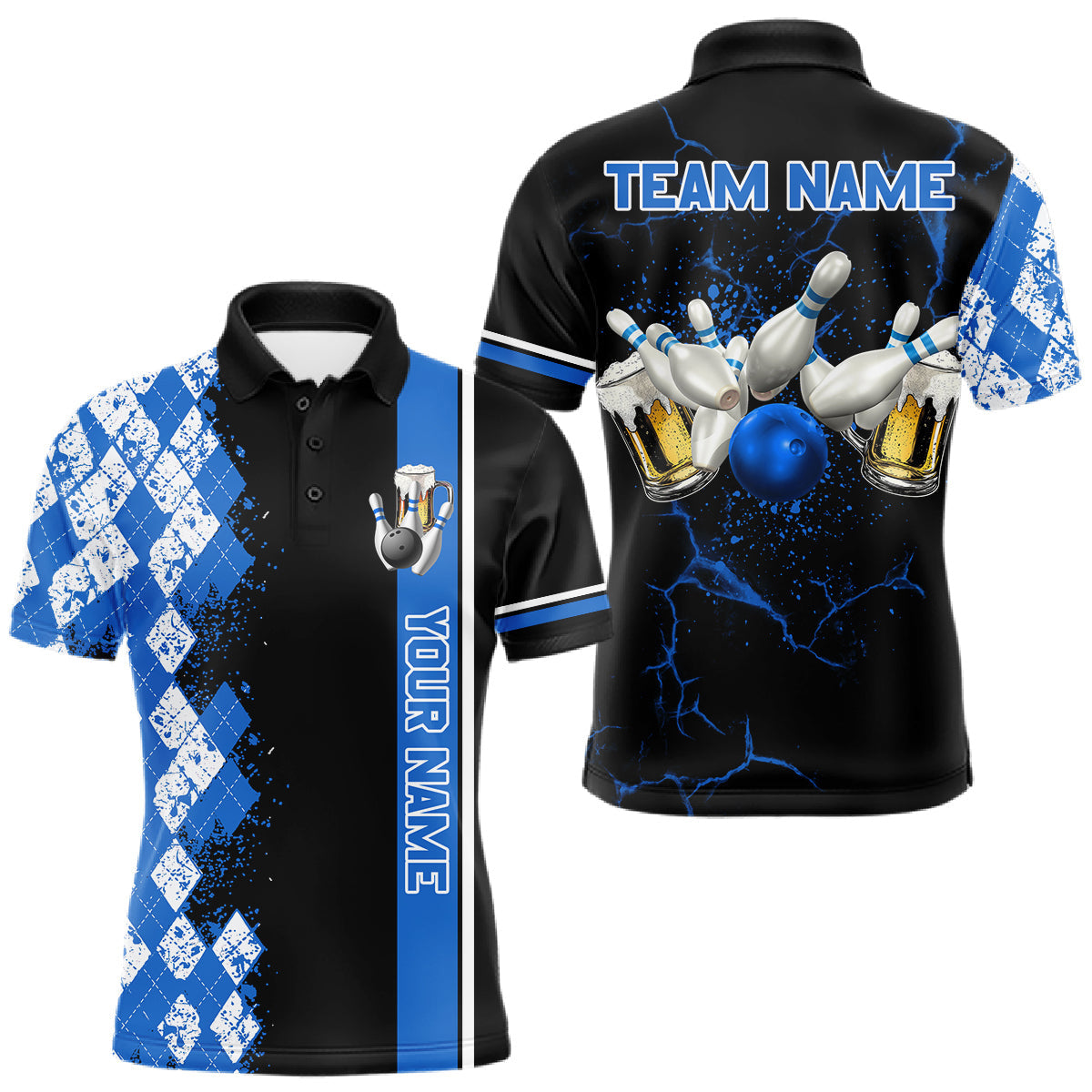 Maxcorners Black And Blue Argyle Pattern Bowling Beer Custom Bowling Shirts For Men Bowling Team League Jersey