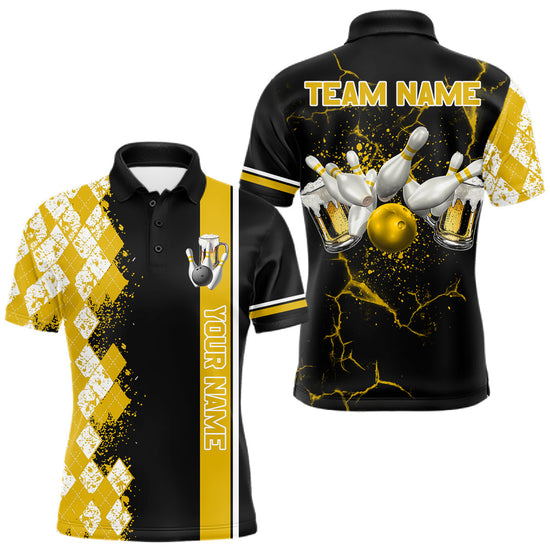 Maxcorners Yellow Black Argyle Pattern Bowling Beer Custom Bowling Shirts For Men Bowling Team League Jersey