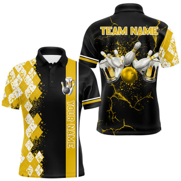 Maxcorners Yellow Black Argyle Pattern Bowling Beer Custom Bowling Shirts For Men Bowling Team League Jersey