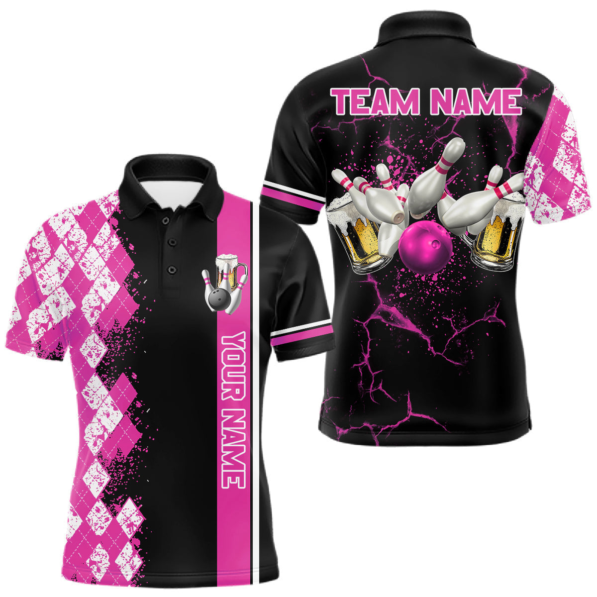Maxcorners Pink And Black Argyle Pattern Bowling Beer Custom Bowling Shirts For Men Bowling Team League Jersey