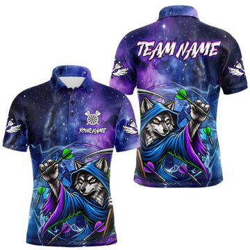 Maxcorners Funny Wolf Wizard Blue Purple Galaxy Darts Shirts For Men Custom Glowing Darts Jerseys Outfits LM1910