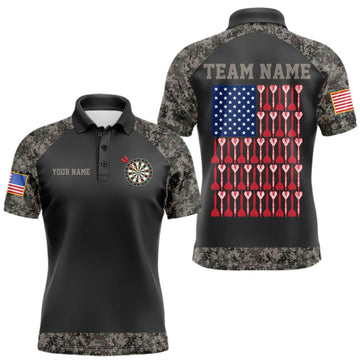 Maxcorners Custom Retro Camo American Flag Darts Shirt For Men, Patriotic Darts Team Jersey Polo & 1/4 Zip LM1910