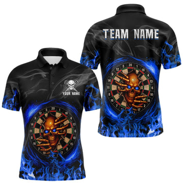 Maxcorners Funny Skull Darts Shirts For Men Custom Black And Blue Flaming Darts Team Jersey Polo & 1/4 Zip LM1910