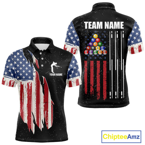 Maxcorners Personalized Grunge American Flag Men's Billiard Shirt, Patriotic Pool Team Shirt Polo & 1/4 Zip LM1411