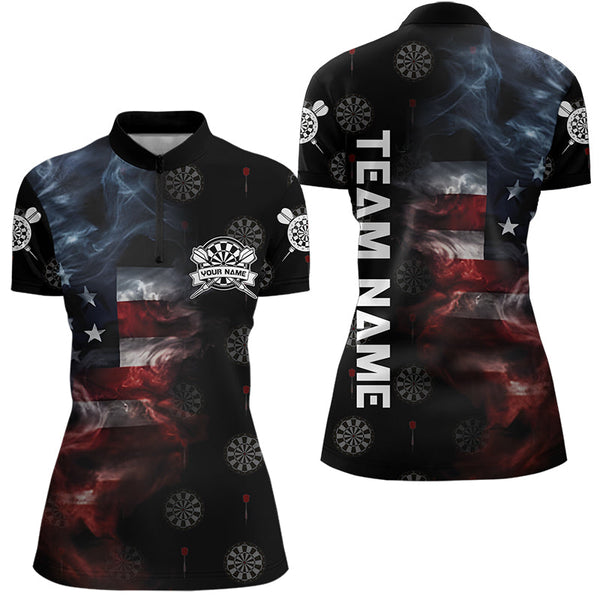 Maxcorners Smoke American Flag Darts Polo, Quarter-Zip Shirt Custom Patriotic Dart Shirts For Men And Women Dart Jerseys