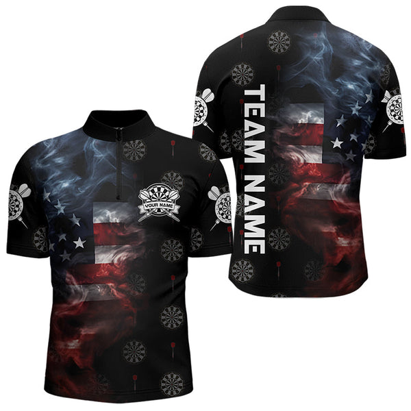 Maxcorners Smoke American Flag Darts Polo, Quarter-Zip Shirt Custom Patriotic Dart Shirts For Men And Women Dart Jerseys