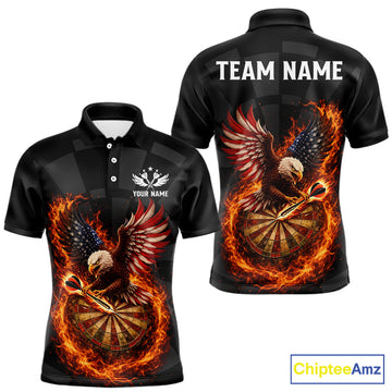 Maxcorners Personalized Fire Flame US Flag Eagle Darts Shirt For Men Custom Darts Jersey Team Polo & 1/4 Zip LM1501