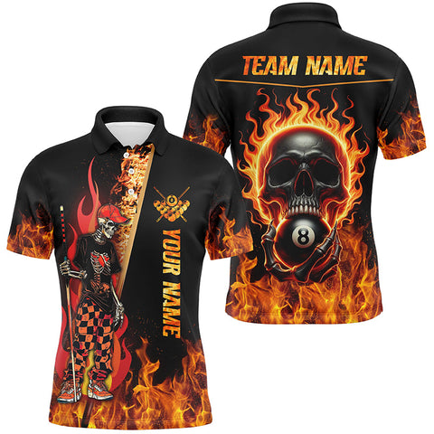 MaxCorners Billiard Funny Skeleton Fire Flame  Customized Name, Team Name 3D Polo Shirt