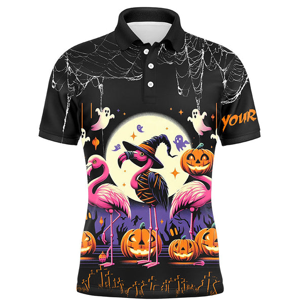 Maxcorners Funny Mens Golf Polo Shirts Custom Name Black Halloween Pattern Flamingo Golf Friend Outfits