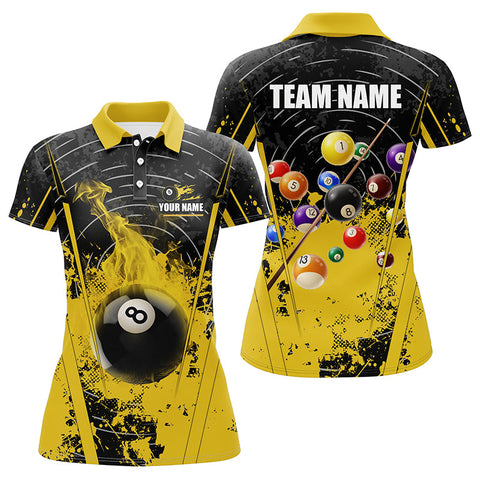Maxcorners Personalized Black Yellow 8 Ball Pool Flame Paint Women Polo Shirts