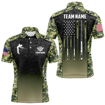 Maxcorners Custom Green Camo US Flag 8 Ball Pool Shirt For Men, Billiard Team Jersey Polo & 1/4 Zip