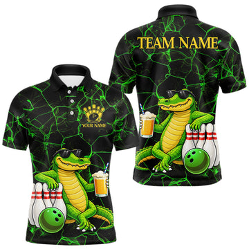 Maxcorners Black And Green Funny Alligator Bowling Shirt For Men Custom Lightning Bowling Team Jersey