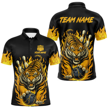 Maxcorners Black And Yellow Flame Tiger Bowling Polo, 1/4 Zip Shirts For Men Custom Team Tiger Bowling Jersey