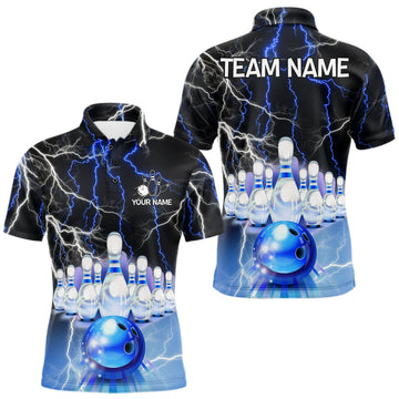 Maxcorners Black And Blue Glowing Thunder Lightning Bowling Shirts For Men Custom Bowling Team Jersey