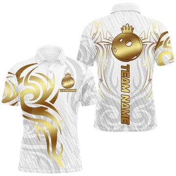 Maxcorners Custom White And Gold Bowling Ball Crown Bowling Shirt For Men, Bowling League Team Jersey