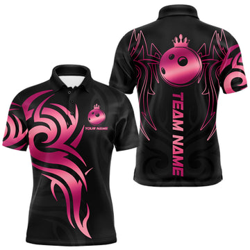 Maxcorners Custom Pink And Black Bowling Ball Crown Bowling Shirt For Men, Bowling League Team Jersey
