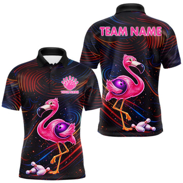 Maxcorners Funny Neon Flamingo Bowling Shirts For Men Custom Bowling Team Jersey Polo & 1/4 Zip, Bowling Gift