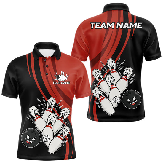Maxcorners Funny Bowling Ball And Pins Black And Red Bowling Jersey For Men Custom Bowling League Team Shirts