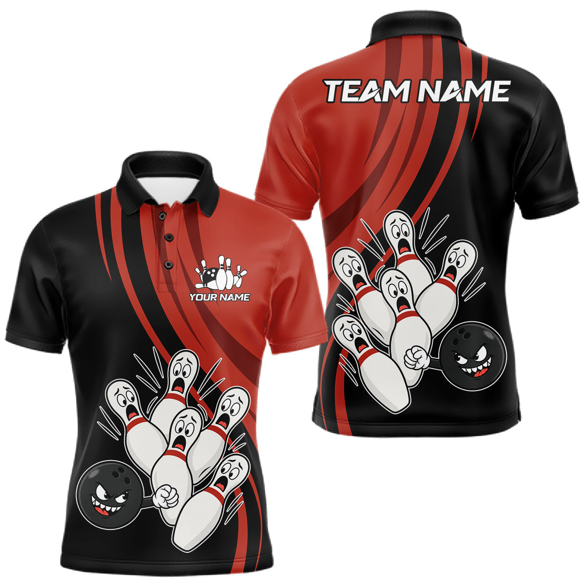 Maxcorners Funny Bowling Ball And Pins Black And Red Bowling Jersey For Men Custom Bowling League Team Shirts