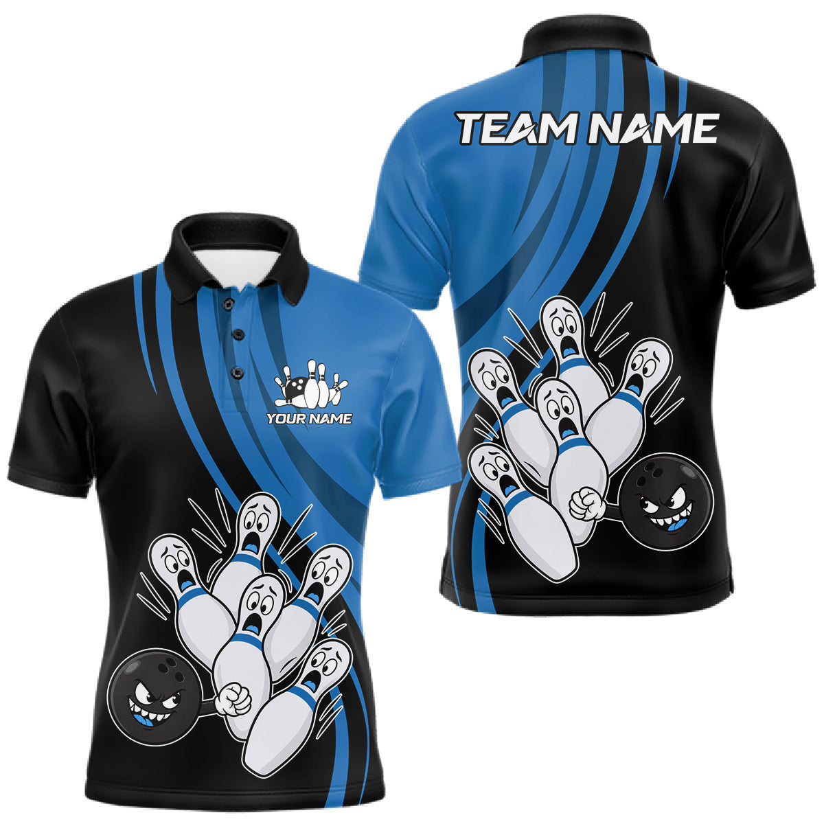 Maxcorners Funny Bowling Ball And Pins Black And Blue Bowling Shirts For Men Custom Bowling Team Jersey