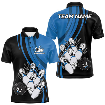 Maxcorners Funny Bowling Ball And Pins Black And Blue Bowling Shirts For Men Custom Bowling Team Jersey