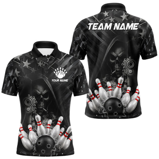 Maxcorners Black US Flag Grim Reaper Smoke Bowling Shirts For Men Custom Bowling Team Jersey Polo & 1/4 Zip