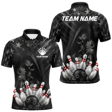 Maxcorners Black US Flag Grim Reaper Smoke Bowling Shirts For Men Custom Bowling Team Jersey Polo & 1/4 Zip