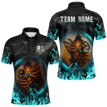 Maxcorners Funny Skull Billiard 8 Ball & 9 Ball Pool Shirt For Men Custom Teal Flaming Billiard Team Jersey LM1910