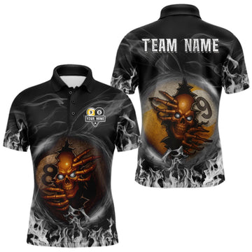 Maxcorners Funny Skull Billiard 8 Ball & 9 Ball Pool Shirt For Men Custom Grey Flaming Billiard Team Jersey LM1910