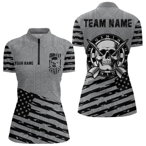 Maxcorners Personalized Grey Us Flag Skull Dart Shirts For Men Custom Patriotic Cool Dart Team Jerseys