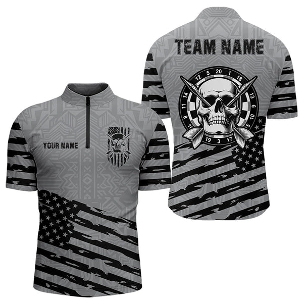 Maxcorners Personalized Grey Us Flag Skull Dart Shirts For Men Custom Patriotic Cool Dart Team Jerseys