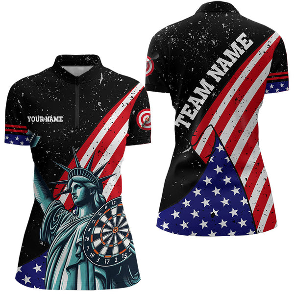 Maxcorners Personalized The Statue Of Liberty Black Darts Shirts For Men Custom Us Flag Patriotic Darts Jersey