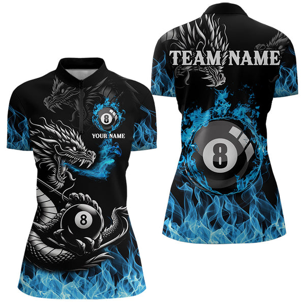 Maxcorners Personalized Blue Flaming Dragon 8 Ball Billiard Shirts For Men Custom Team League Billiard Jerseys