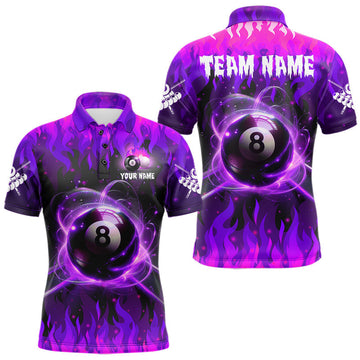 Maxcorners Custom Purple 8 Ball Pool Fire Flame Billiard Shirts For Men, Billiard Team Jersey Polo & 1/4 Zip