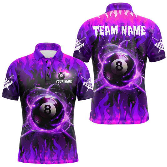 Maxcorners Custom Purple 8 Ball Pool Fire Flame Billiard Shirts For Men, Billiard Team Jersey Polo & 1/4 Zip