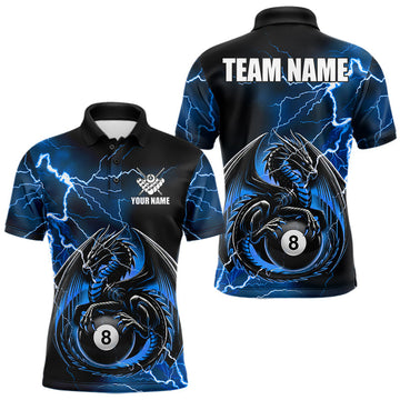 Maxcorners Custom Blue Thunder Lightning 8 Ball Pool Dragon Billiard Shirts For Men, Billiard Team Jersey