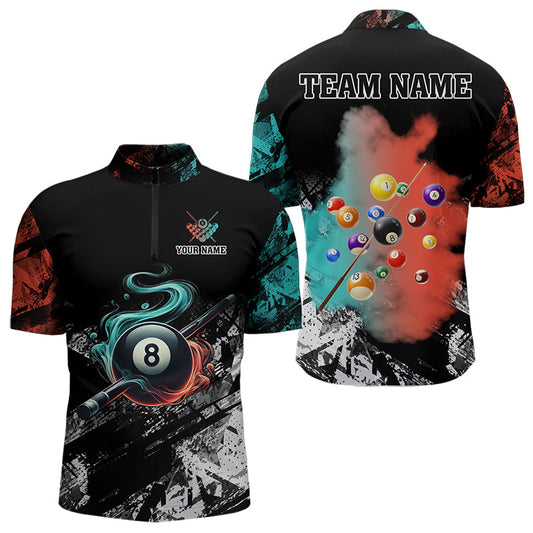 Maxcorners Personalized Orange And Turquoise 8 Ball Pool Smoke Billiard Shirts For Men Custom Billiard Jersey