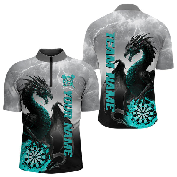 Maxcorners Turquoise Custom Lightning Dragon Dart Shirt For Men, Strike Darts Team Jersey Polo & Quarter Zip