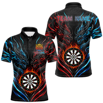 Maxcorners Blue And Red Custom Dragon Fire Darts Shirts For Men, Darts League Team Jersey Polo & Quarter Zip