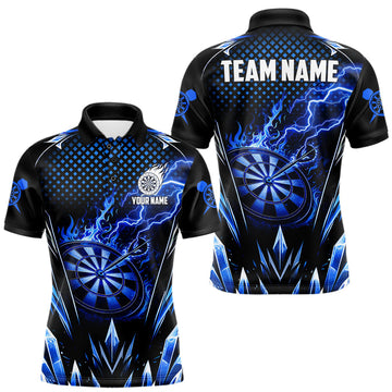 Maxcorners Personalized Blue Flame Lightning Icy Darts Shirt For Men, Darts Team Jersey Polo & Quarter Zip