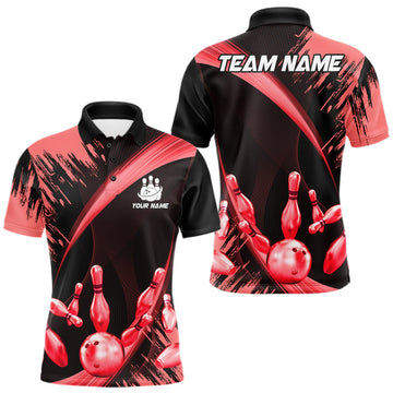 Maxcorners Personalized Black And Red Bowling Polo, Quarter Zip Shirts For Men Custom Bowling Team Jersey