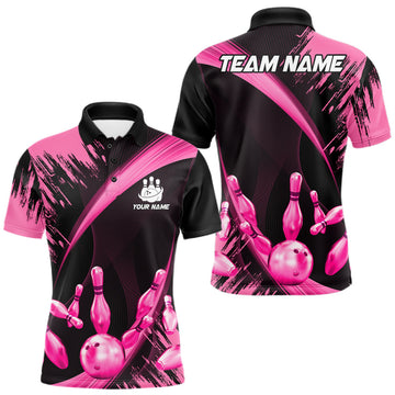 Maxcorners Personalized Pink And Black Bowling Polo, Quarter Zip Shirts For Men Custom Bowling Team Jersey
