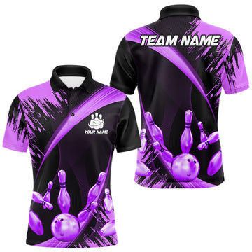 Maxcorners Personalized Black And Purple Bowling Polo, Quarter Zip Shirts For Men Custom Bowling Team Jersey