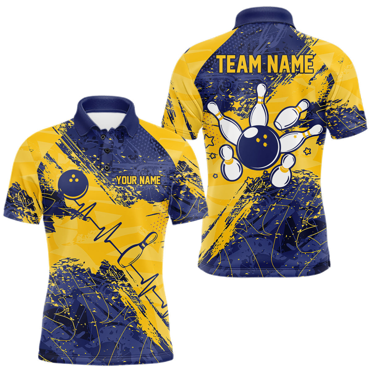 Maxcorners Blue And Yellow Grunge Heartbeat Bowling Polo, 1/4 Zip Shirt For Men Custom Bowling Team Jersey