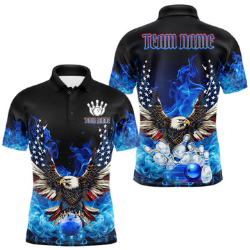 Maxcorners Blue Flaming American Flag Eagle Bowling Shirts For Men Custom Patriotic Bowling Team Jersey