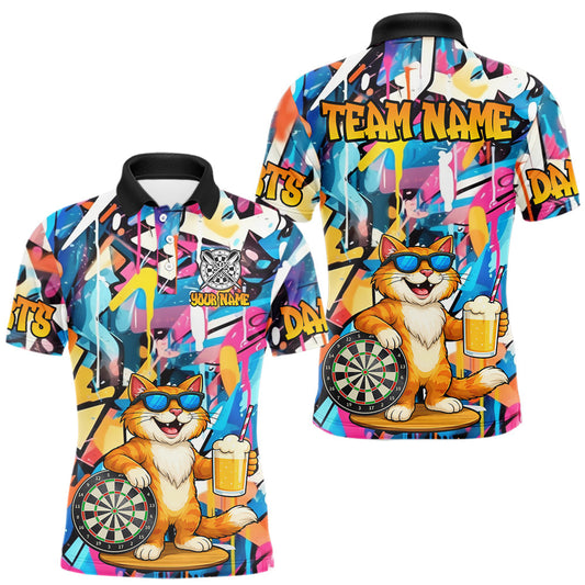 Maxcorners Funny Cat Colorful Graffiti Darts Shirt For Men Custom Darts Team Jersey Polo & 1/4 Zip LM1904